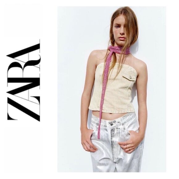 NWOT Zara TRF Denim Striped Strapless Back Button Closure Top, Size Medium - Picture 1 of 16